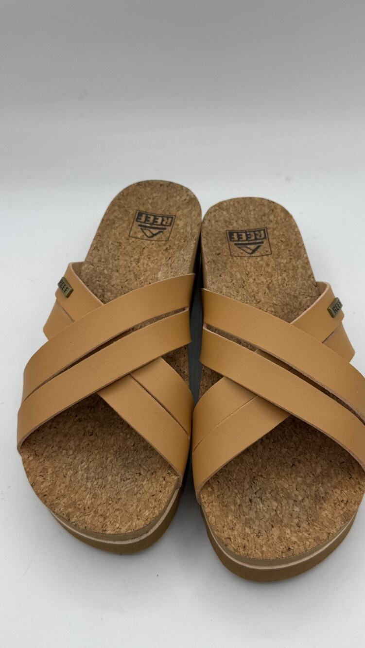 REEF Kaia Cross Cushioned Slide Sandal Women Size 8 Natural Tan Vegan Leather